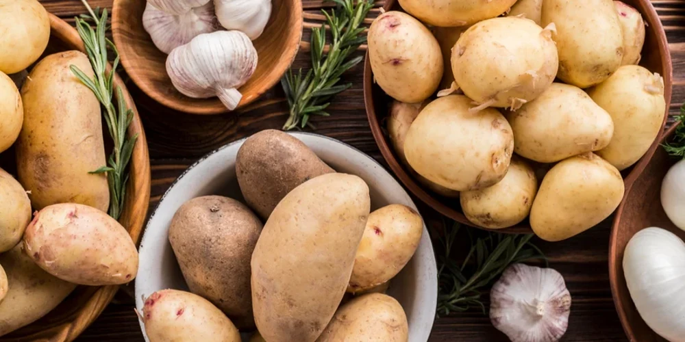 Ілюстрація продуктів з вуглеводами: хліб, фрукти, рис, картопля та вівсянка