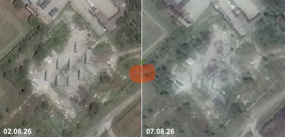 Супутникові знімки наслідків удару по позиції комплексу РЕБ «Волна Купол Гарант» на території військової частини №2156 у