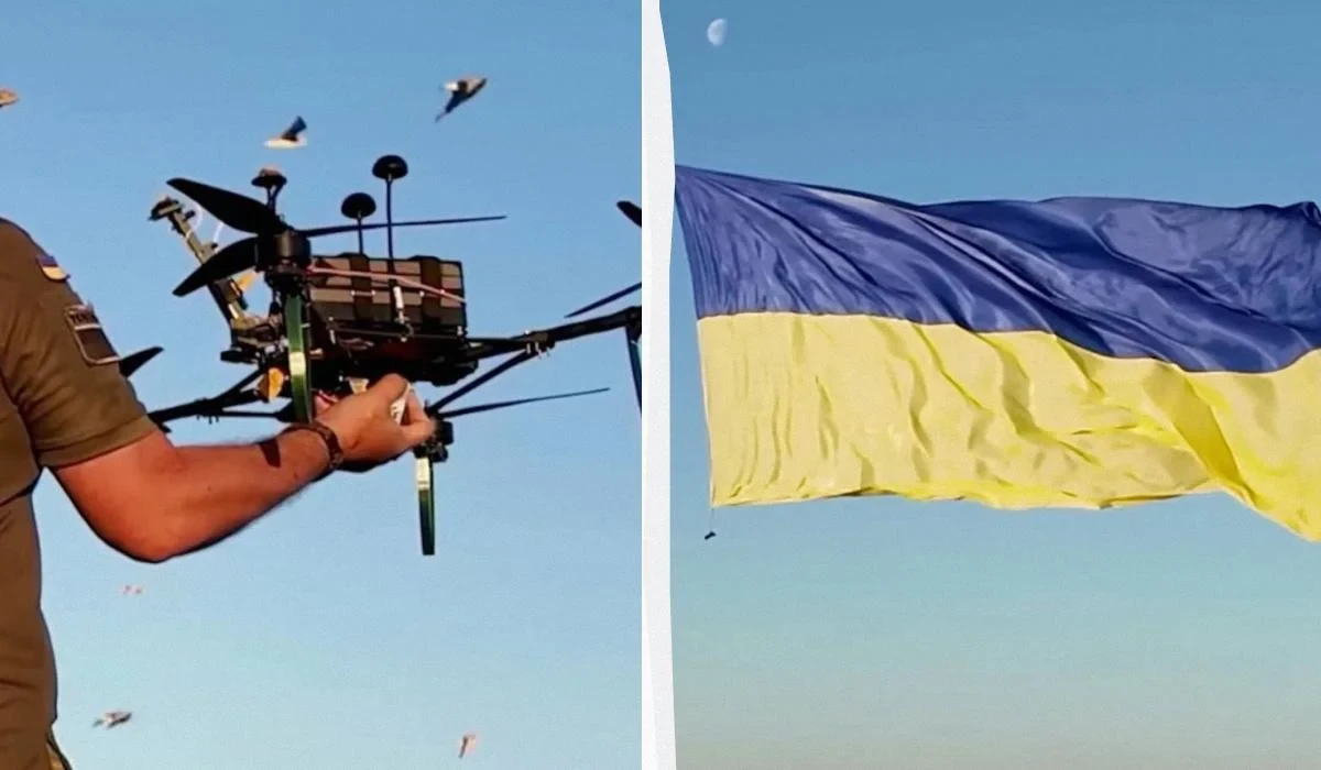 Синьо-жовтий прапор 12 на 6 метрів, піднятий безпілотником над Чорним морем на Одещині